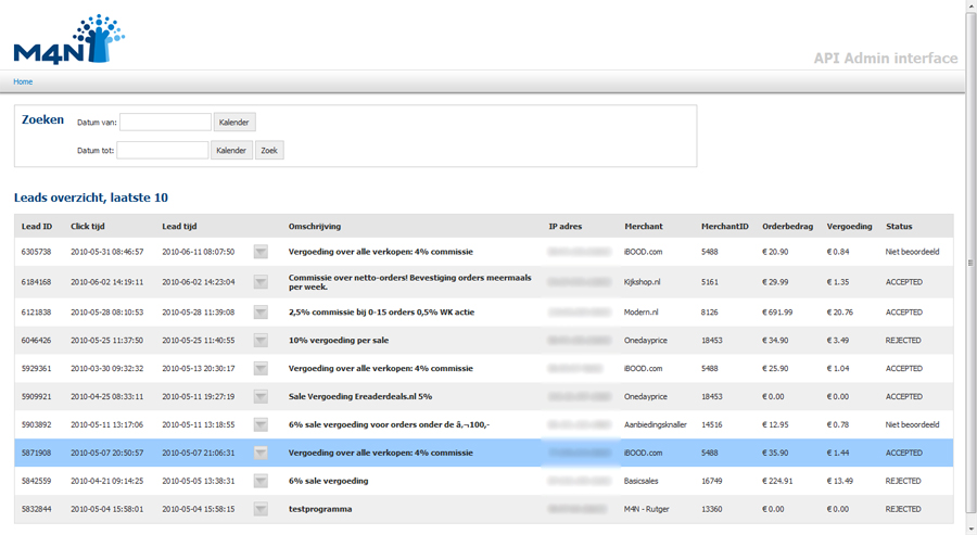 M4N API interface screenshot